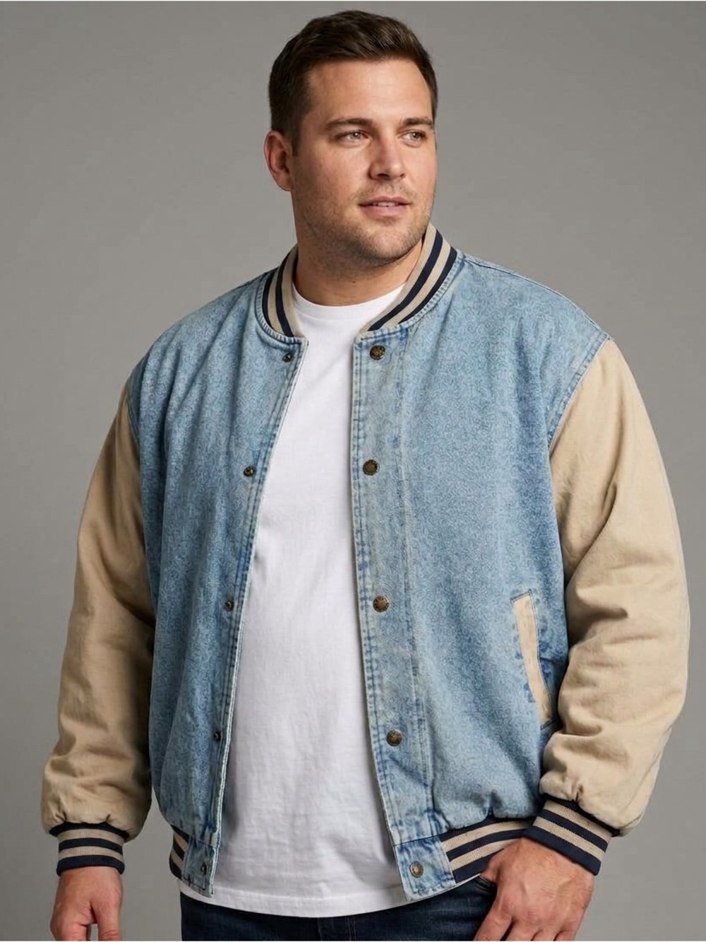 Vintage 90s Men's Cobra Denim & Tan Vasity Style Bomber Jacket Size L